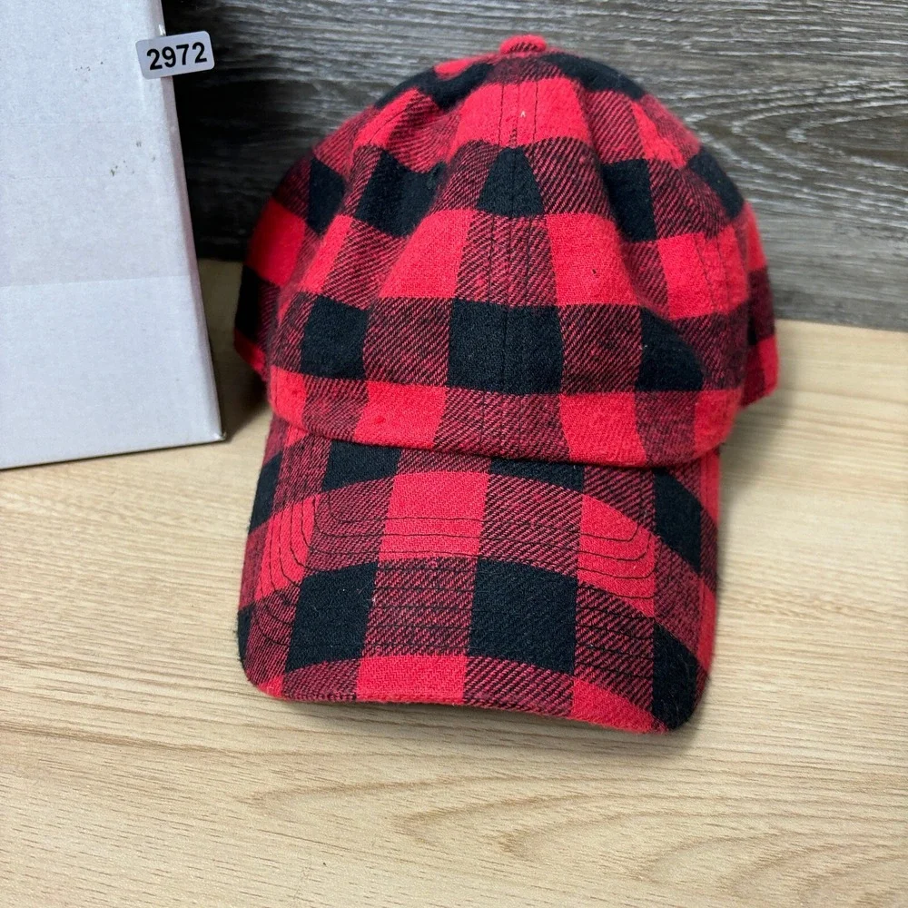 Flannel Hat Cap Strap Back Womens Red Black Plaid‎ Outdoors One Size Adjustable